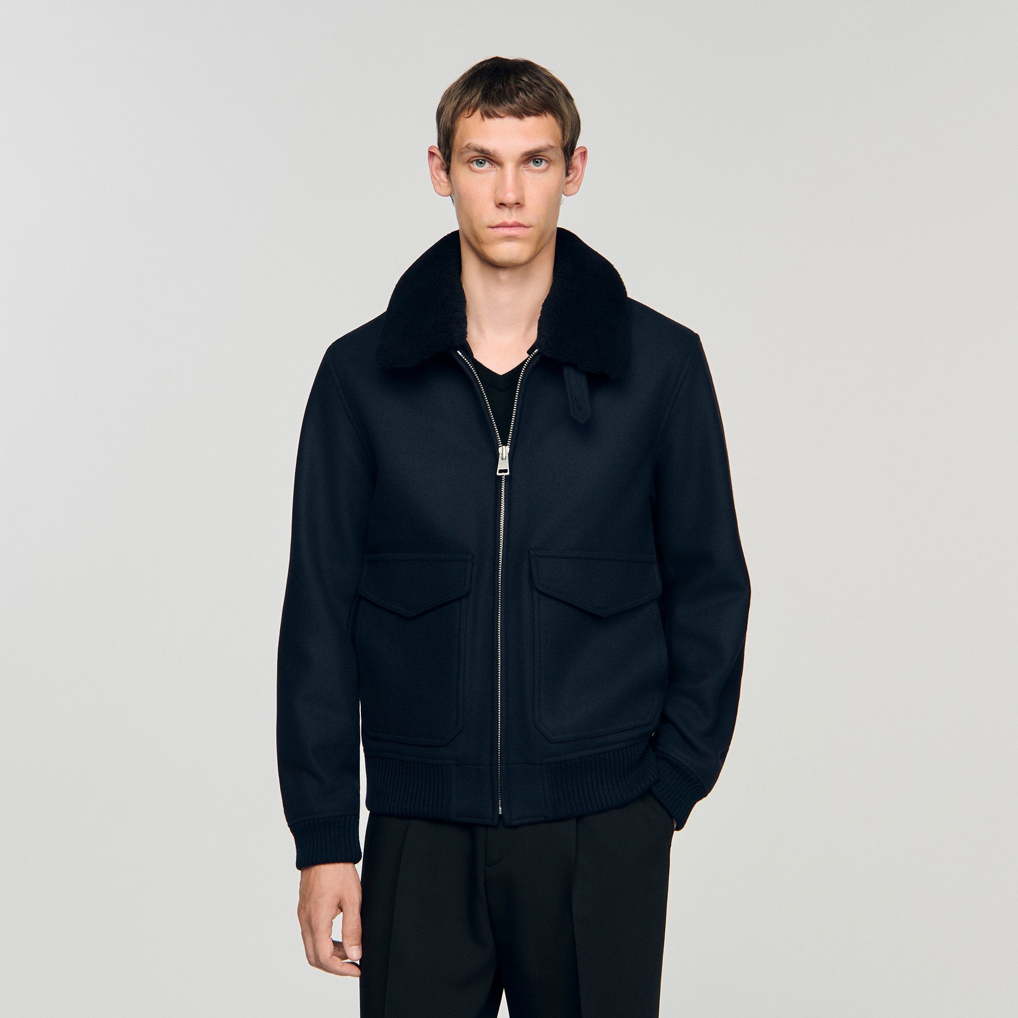 Aviator Wool Aviator Jacket With Shearling Navy Blue
