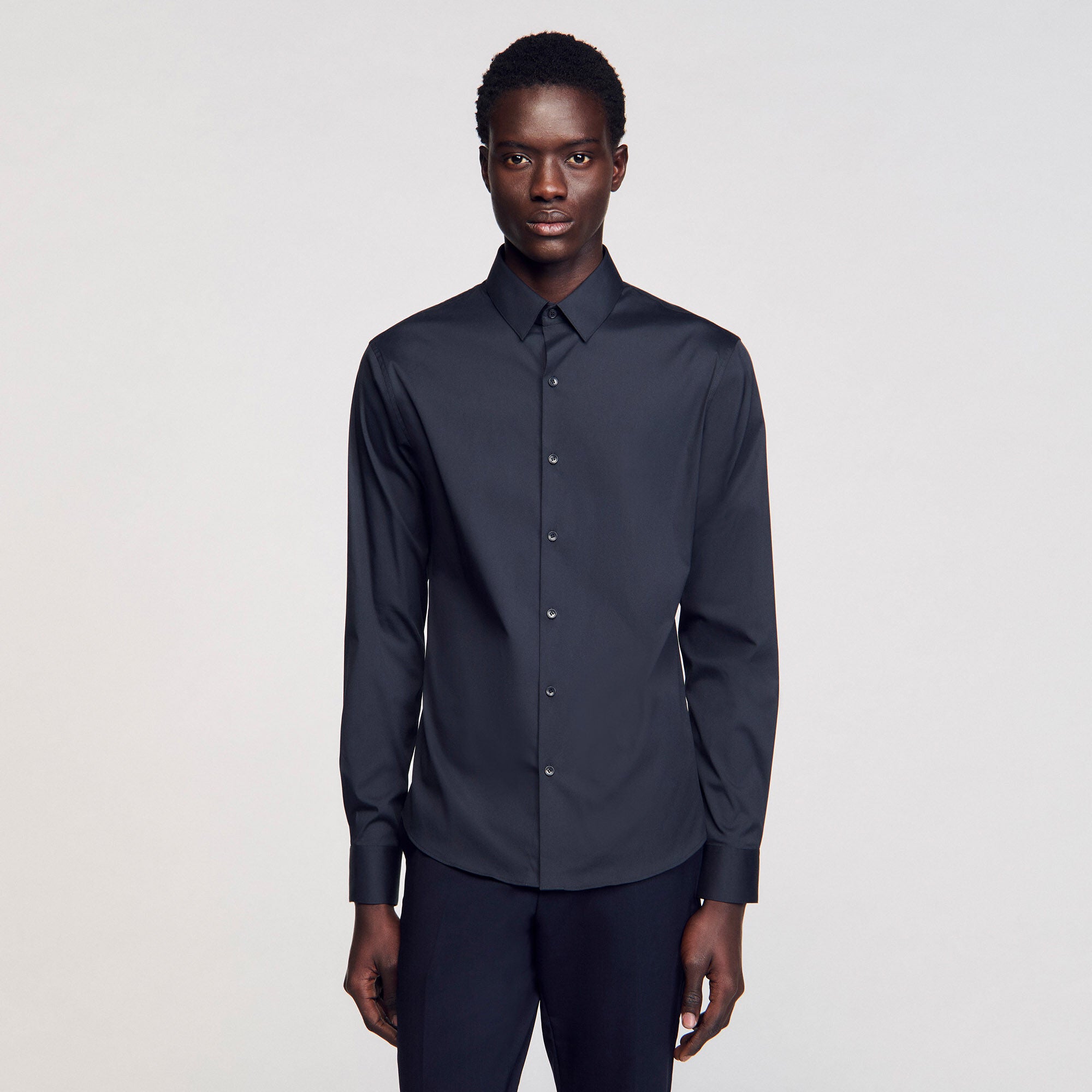 Seamless Stretch Fitted Stretch Cotton Shirt - Navy Blue