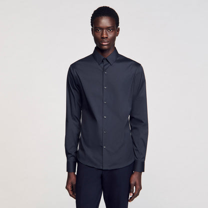 Seamless Stretch Fitted Stretch Cotton Shirt - Navy Blue