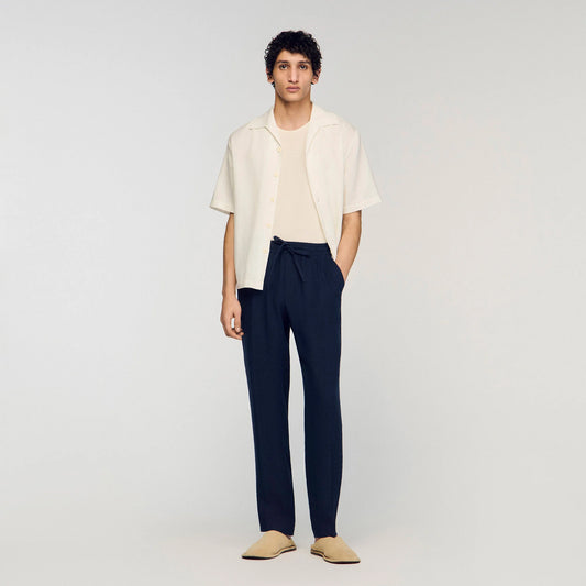 Alpha Linen Straight-Leg Linen Trousers Navy Blue
