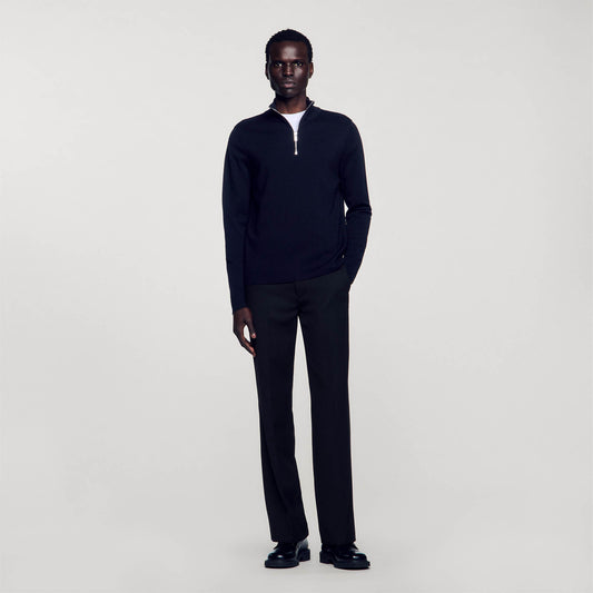 Wool Sweater With Zipped Collar Carbon black