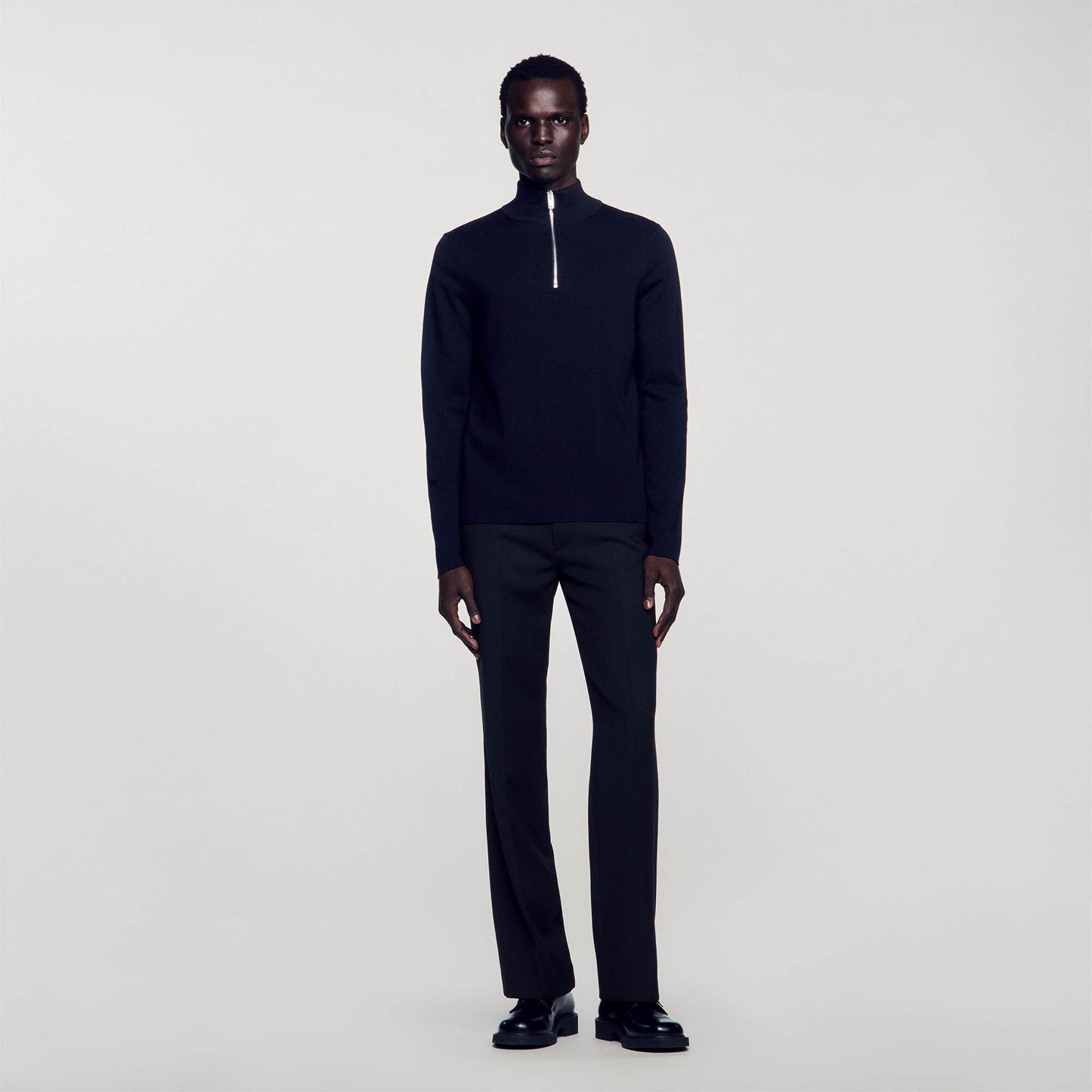 Wool Sweater With Zipped Collar Carbon black