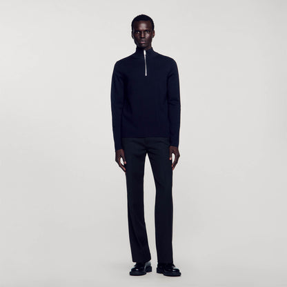 Wool Sweater With Zipped Collar Carbon black