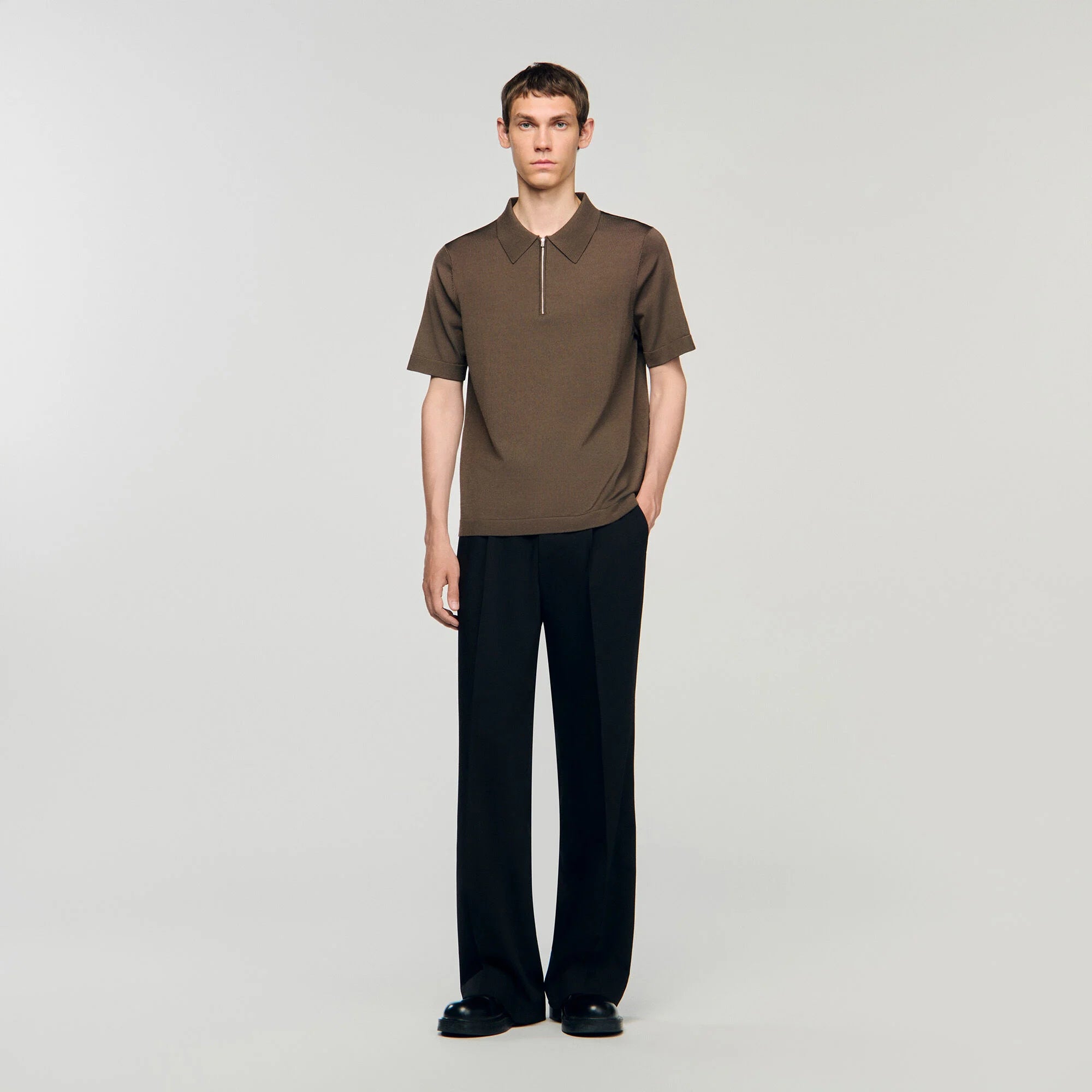Pablo Zip Knitted Polo Shirt Taupe