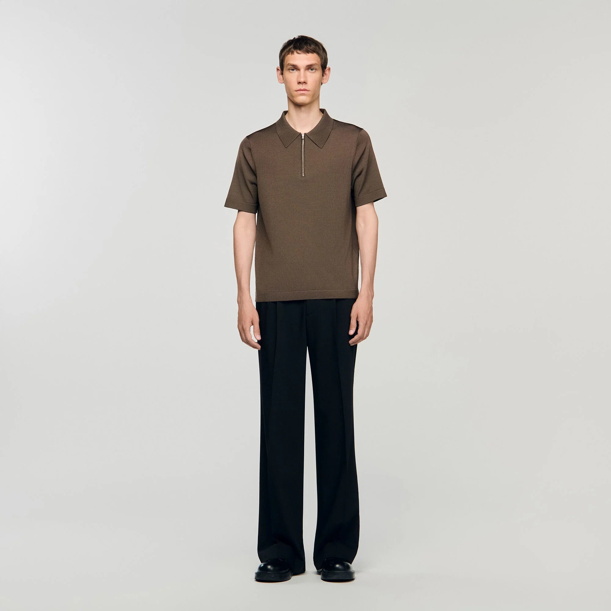 Pablo Zip Knitted Polo Shirt Taupe