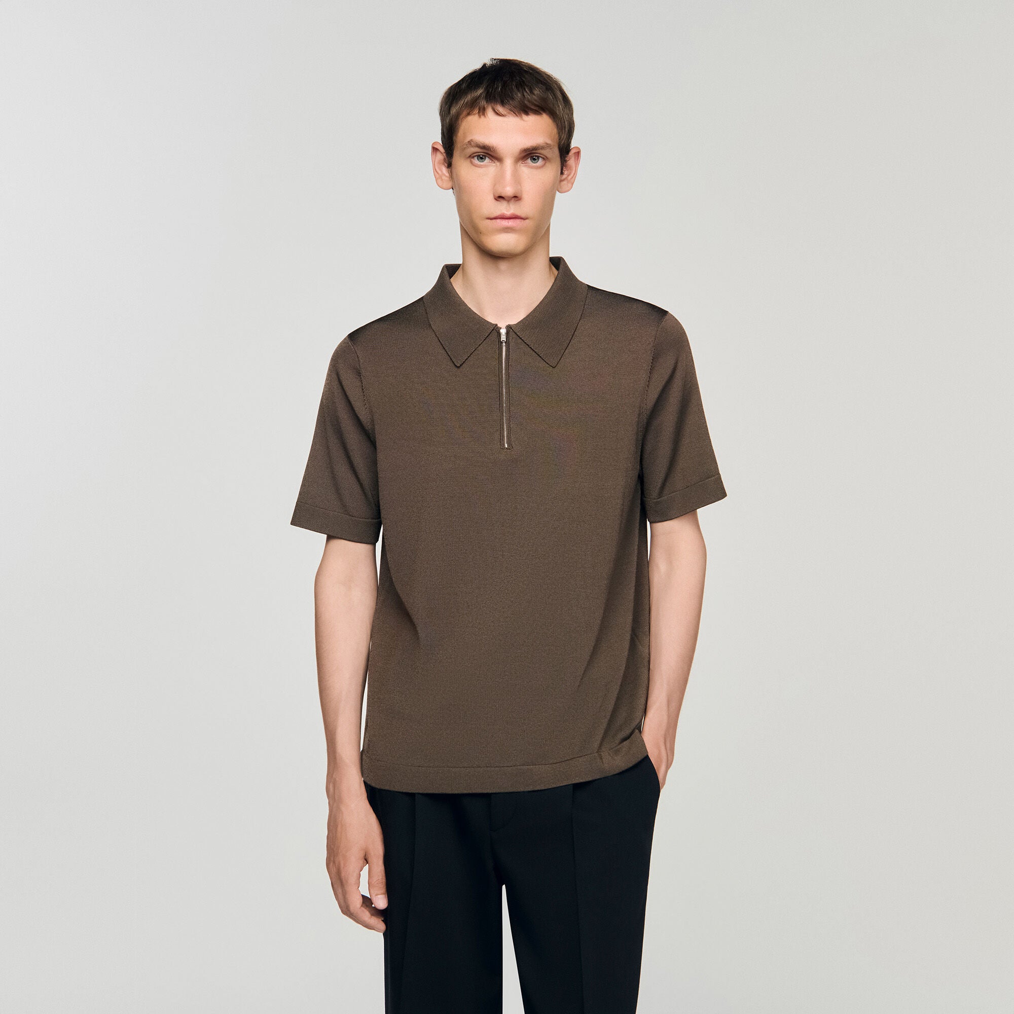 Pablo Zip Knitted Polo Shirt Taupe