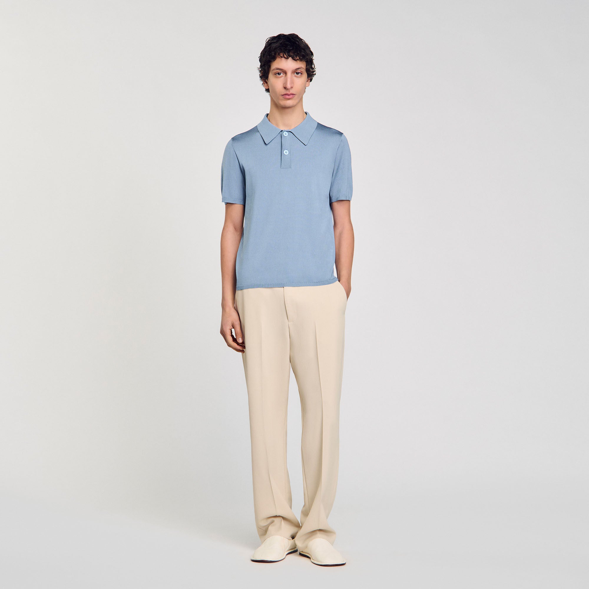 Short-Sleeve Knitted Polo Shirt Chambray