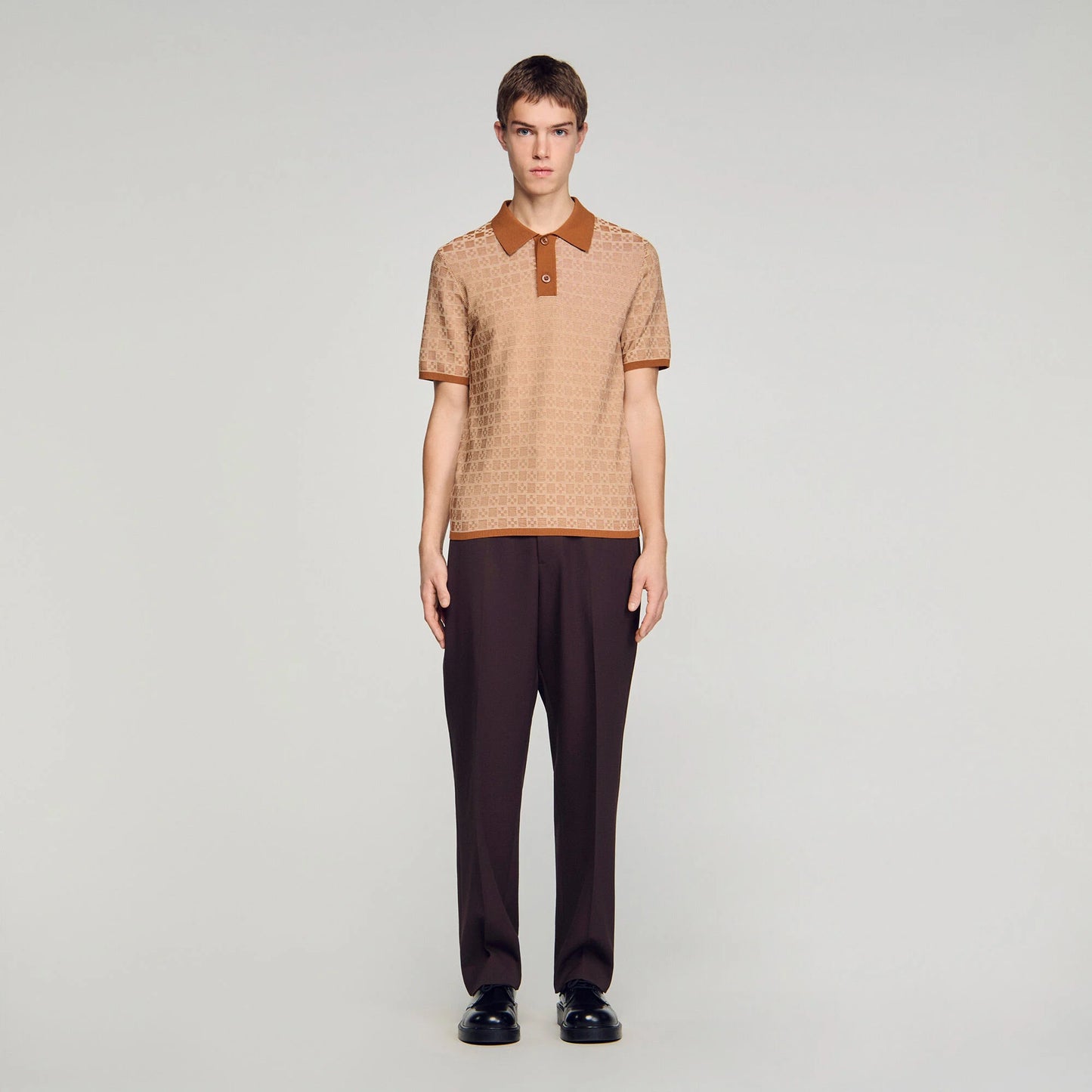 Cross Knit Polo Square Cross Polo Shirt Camel