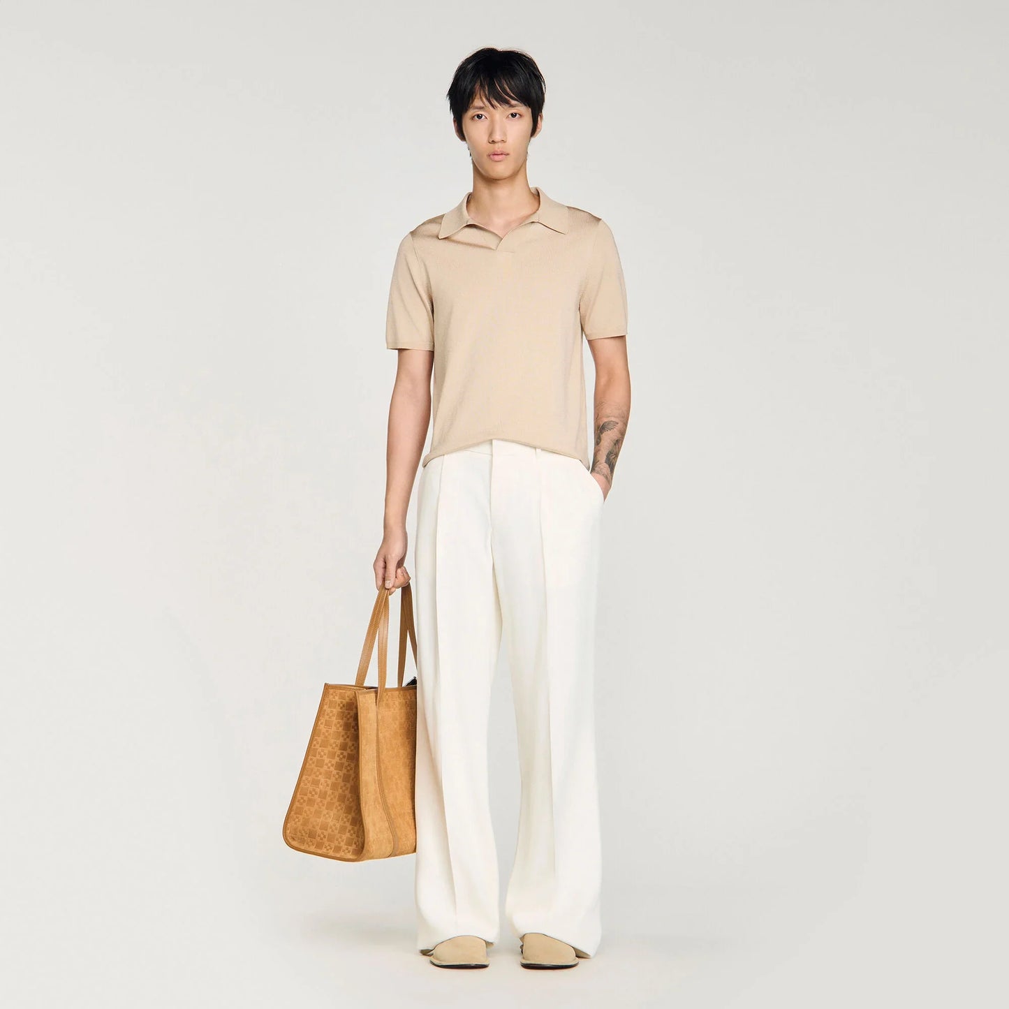Pablo V Short-Sleeved V-Neck Polo Shirt Beige