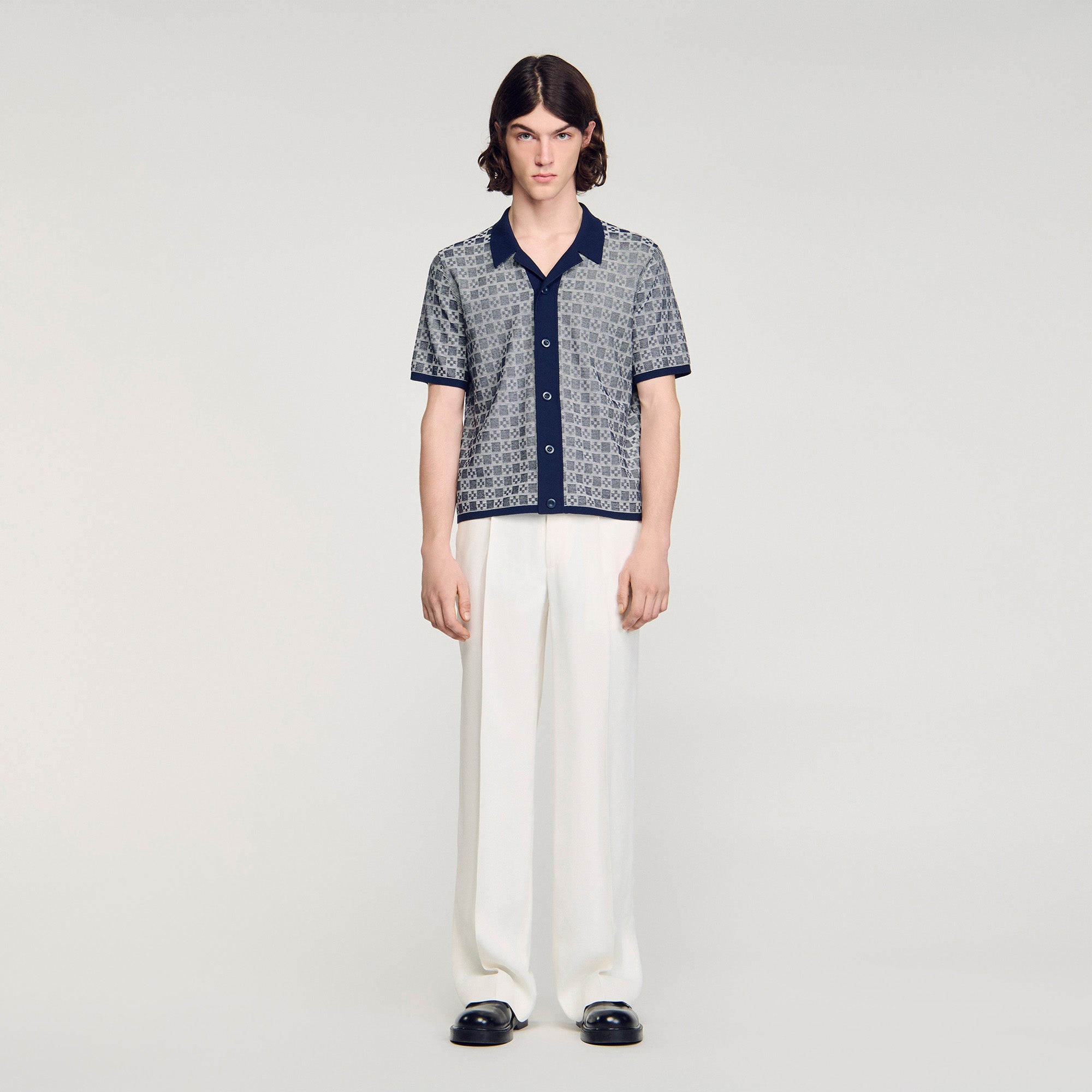Cross Knit Shirt Square Cross Jacquard Shirt Navy Blue