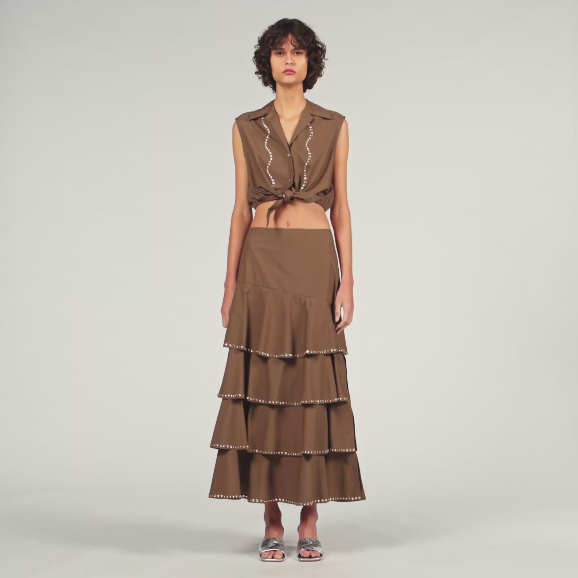 Telia Long Ruffled Rhinestone Skirt Brown
