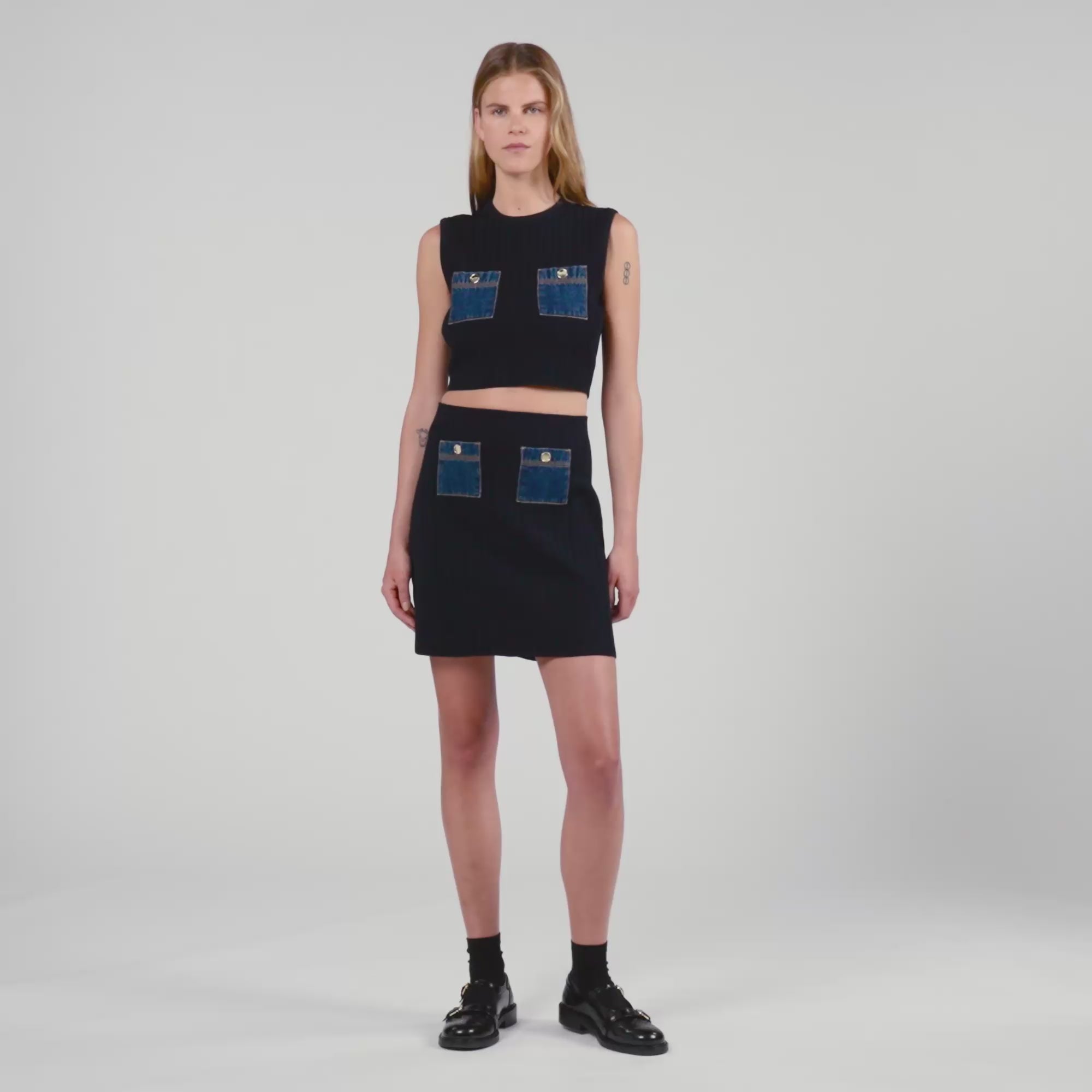 Isolda Short Knit And Denim Skirt Navy Blue