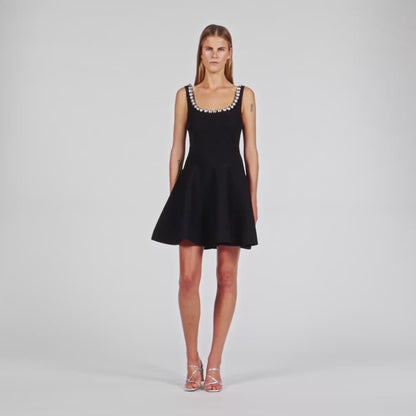 Nelya Short Dress With Rhinestone Neck Black