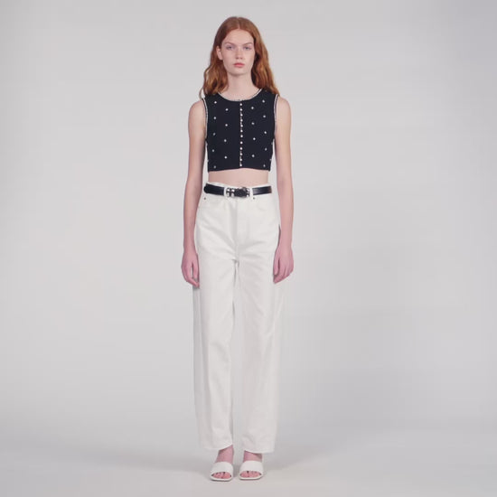 Lilia Jewelled Embroidered Knit Crop Top BLACK