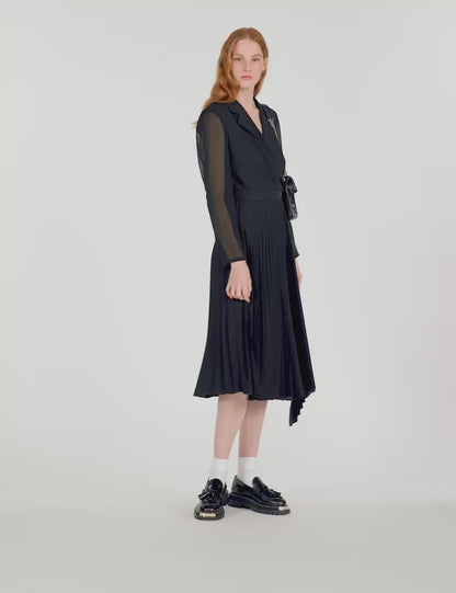 Dual-Material Long-Sleeved Dress Black