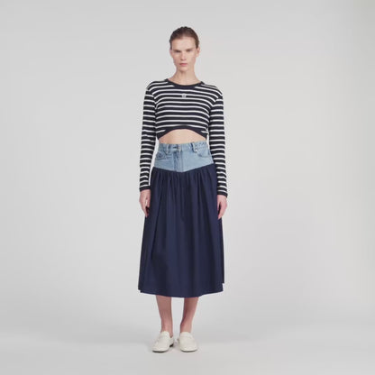 Aubin Short Striped Tee With Pearl Collar Navy Blue