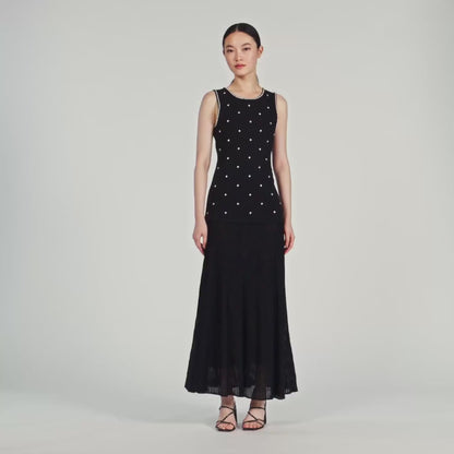 Theodora Rhinestone Flower Print Maxi Dress Black